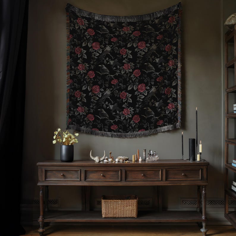 Goth Blanket: Ravens & Roses - Gothic Throw Blanket, Dark Aesthetic Home Decor, Dark Academia Bedspread, Witchy Altar Tapestry, Decor Gift image 4
