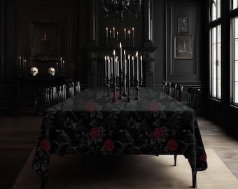 Ravens & Roses: Goth Linen Tablecloth | Altar Cloth | Tarot Cloth