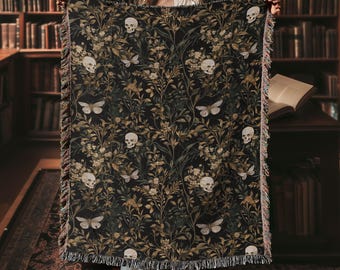 Dark Academia Woven Throw Blanket | Gothic Skull & Moth Tapestry