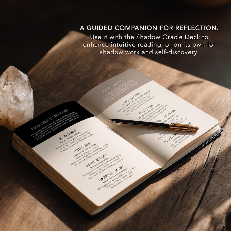 May include: An open journal with the text "A Guided Companion for Reflection" and "Reflections of the Heart". A pen rests on the pages. The journal is on a wooden surface, with a crystal in the background.