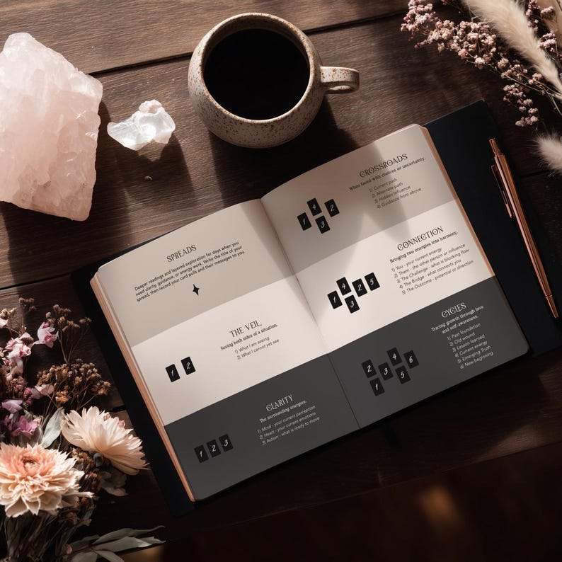 May include: An open book with tarot card layouts, a cup of coffee, a rose quartz crystal, and a pen on a wooden surface. The book's pages display text and card arrangements for readings. A bouquet of flowers adds a touch of color.