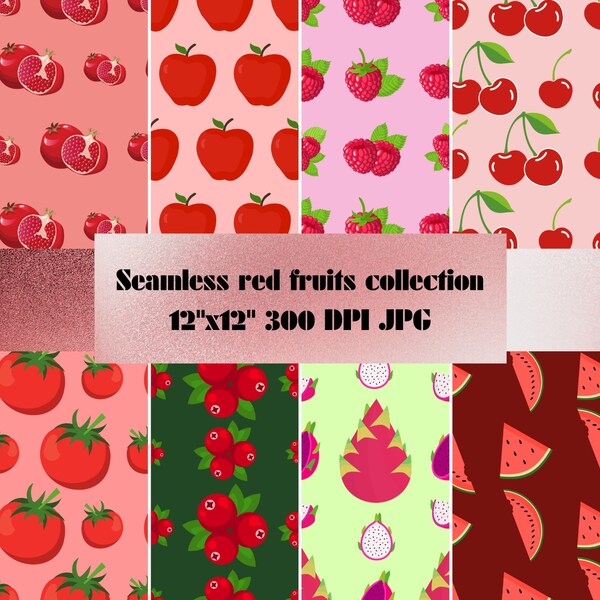 8 unique seamless red fruits collection, pomegranate - apple - red mulberry - cherry - tomato - cranberry - red dragon fruit - watermelon