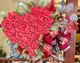 Floral Valentine Evergreen Wreath, Valentine's Day Wreath, Heart Wreath, Red Rose Wreath, Artificial Deco Mesh Wreath, Front Door Hang