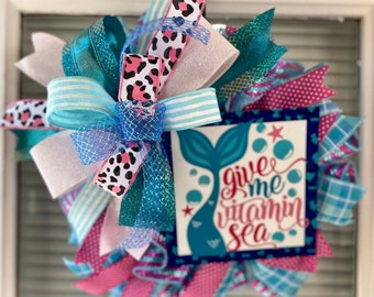 Give Me Vitamin Sea, Mermaid Wreath, Beach Wreath, Artificial Wreath, Deco Mesh Wreath, Front Door Hang, Front Door Wreath, Mermaid Lovers