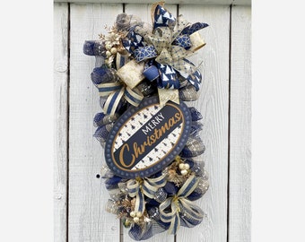 Navy & Gold Merry Christmas Swag, Christmas Swag, Winter Swag, Artificial Wreath Swag, Front Door Hang, Front Porch Hang