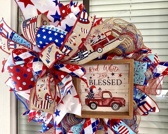 Red White and Blessed Wreath, 4th of July Wreath, Patriotic Wreath, Artificial Wreath, Deco Mesh Wreath, Front Door Wreath, Front Door Hang