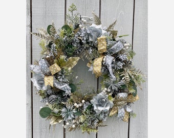 Silver & Gold Winter Wreath, Christmas Wreath, Artificial Wreath, Christmas Gifts, Birthday Gifts, Front Door Hang, Front Door Wreath