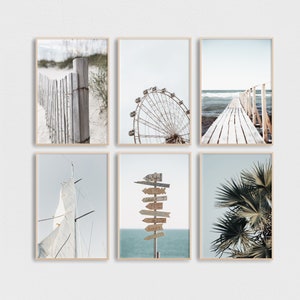 Coastal Summer Art Print Set Of 6, Beach Wall Art, Summer Prints Beach Poster Sunset Print Bridge Palm Art Boho Beach Decor Coastal Print