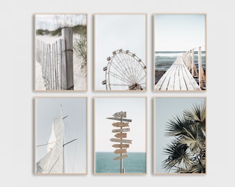 Coastal Summer Art Print Set Of 6, Beach Wall Art, Summer Prints Beach Poster Sunset Print Bridge Palm Art Boho Beach Decor Coastal Print