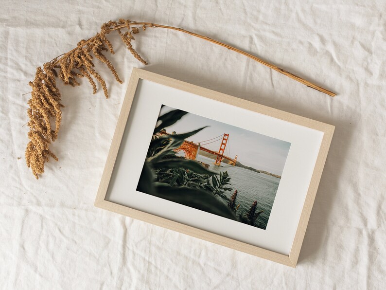 May include: A framed print depicting the Golden Gate Bridge in San Francisco. The bridge is a striking orange, set against a blue sky and water. The frame is light wood, and the image is partially obscured by green foliage.