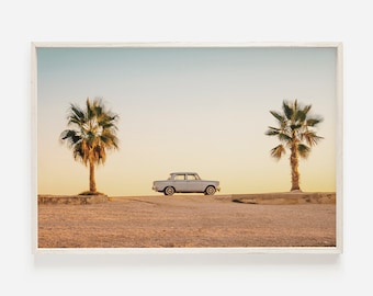 Car Between Palm Trees, Palm Springs Road Trip, California Desert Poster, Travel Wall Art, Desert Sunset Views, Golden Hour, Vintage Car Art