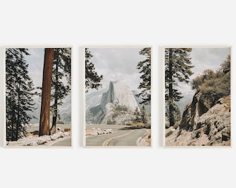 May include: A set of three framed landscape photographs featuring a winding road through a forest with a large rock formation in the background. The photos are in a rustic style with muted colors.