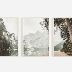 3 Piece Mountain Lake Photos, Rustic Landscape Prints, Nature Poster Set, Canadian Lake Wall Art, Mist Nature Poster, Mountain Wall Art