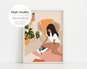 May include: A digital illustration of a person sitting on a pink and orange rug, reading a magazine. The person has long black hair and is wearing a white shirt. The background is a light peach color with a potted plant and a chair.