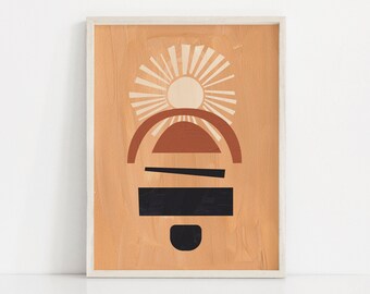 Puede incluir: Impresión de arte abstracto con un sol, un arco y formas geométricas en tonos marrones, negros y blancos sobre un fondo naranja claro.