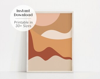May include: Abstract art print with a modern design featuring wavy lines in shades of brown, orange, and beige. The print is framed in a white frame.