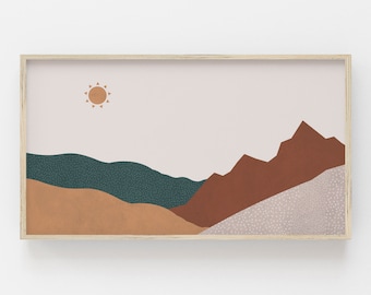 May include: A framed print of a minimalist landscape with a sun, green hills, and brown mountains against a light pink background.