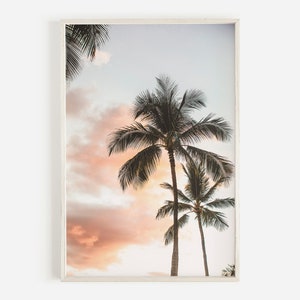 Impresión de puesta de sol tropical, arte mural de palmeras, fotografía de palmeras de colores, arte digital de palmeras, decoración tropical, impresión de puesta de sol en la costa, puesta de sol en Hawái