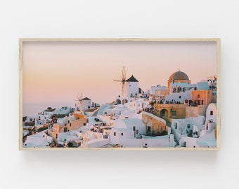 Samsung Frame TV Art, Greece Sunset Print, Greek Architecture TV, White Buildings Photo, Greek Art for Frame TV, Coastal Sunset Tv Decor