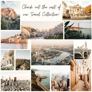 May include: A collection of travel photographs showcasing famous landmarks and scenic views. Images include cityscapes, bridges, and natural landscapes. Text overlay reads "Check out the rest of our Travel Collection!"