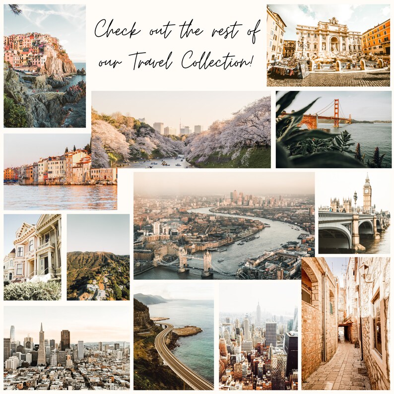 May include: A collection of travel photographs showcasing famous landmarks and scenic views. Images include cityscapes, bridges, and natural landscapes. Text overlay reads "Check out the rest of our Travel Collection!"