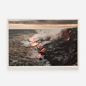 Volcano Photography, Hawaii Lava Beach, Volcanic Beach Print, Lava Pouring Into Ocean, Hawaii Volcanic Lava Photo, Volcano In Hawaii Poster