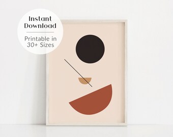 May include: Abstract geometric art print with a black circle, a brown crescent shape, and a red half-circle on a light pink background.