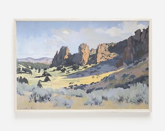 Pinnacles National Park Print, California Landscape, Sagebrush Scenery Print, Oil Painting Style, California Wilderness, Pinnacles Decor