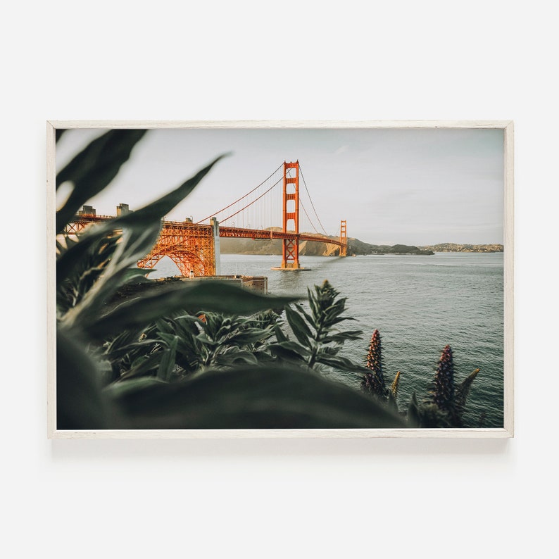 May include: Framed print of the Golden Gate Bridge in San Francisco. The orange bridge is set against a cloudy sky, with water in the background. Green foliage is visible in the foreground, adding depth to the image.