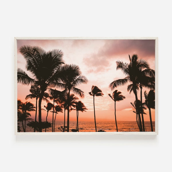 Warm Sunset Print, Hawaiian Beach Photo, Tropical Palms Sunset, Orange Sunset Photography, Tropical Scenery, Hawaii Landscape Poster Print