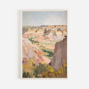 Puede incluir: Una pintura de un paisaje desértico con cañones coloridos y una vista desde un acantilado. La pintura está realizada en un estilo pictórico con pinceladas suaves y colores apagados.