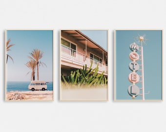 Coastal Wall Art Set of 3, California Summer Poster, Vintage Motel Sign, Boho Beach Decor, Vintage photography, Retro poster, Beach Wall Art