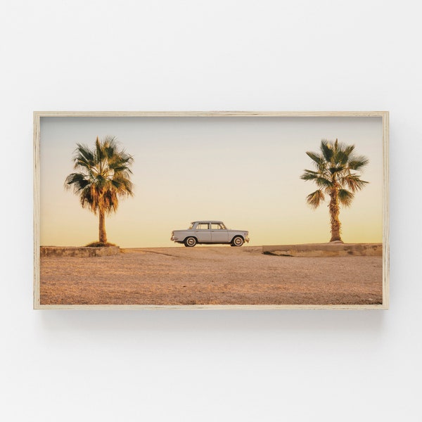 Samsung Frame TV Art, Car Between Palm Trees, Desert Road Trip Tv Art, Travel Art for Frame TV, Desert Car Photo, Palm Tree Sunset Tv Art