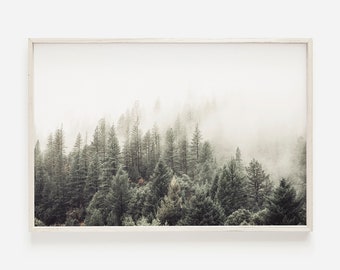 Arte della parete della foresta, Poster della foresta nebbiosa, Arte della parete degli alberi, Stampa naturalistica, Fotografia della foresta, Stampa orizzontale, Stampa della foresta, Arte della parete stampabile