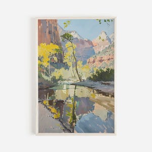 May include: A painting of a mountain landscape with a river reflecting the surrounding scenery. The river is in the foreground, with trees and mountains in the background. The colors are muted and the overall tone is peaceful.