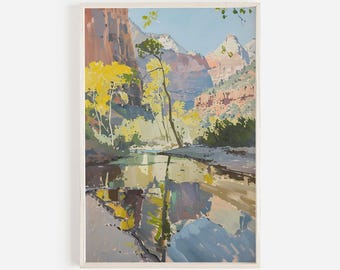 Zion National Park Print, Utah Wall Art, Desert Canyon Scenery, Vintage Utah Painting, Utah National Park, Zion Home Decor, Desert Print