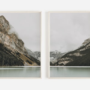 Foggy Mountain Wall Art Set of 2, Reflection Mountain Prints, Lake Photography, 2 Piece Poster Set, Printable Nordic Decor, Set of 2 Prints