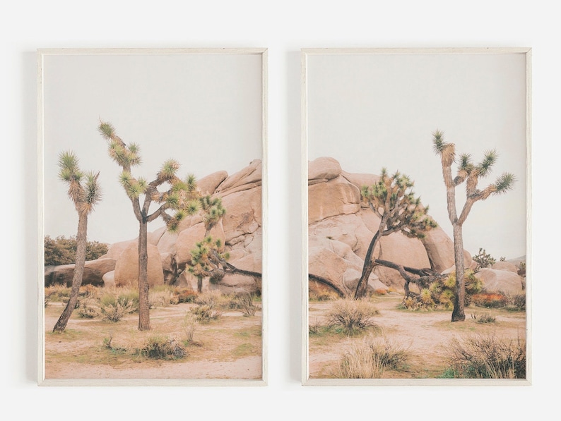K&ouml;nnte beinhalten: Zwei gerahmte Fotografien des Joshua-Tree-Nationalparks in Kalifornien. Die Fotos zeigen eine gro&szlig;e Felsformation mit Joshua-Trees im Vordergrund. Die Fotos sind in einer warmen, ged&auml;mpften Farbpalette gehalten.