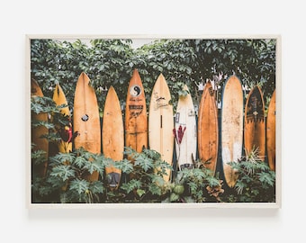 Deski surfingowe na Hawajach, krajobraz lasu tropikalnego, wydruk z surfującym oceanem, sztuka plażowa, wydruk z surferami, sztuka ścienna z surfingiem, cyfrowa sztuka z deskami surfingowymi