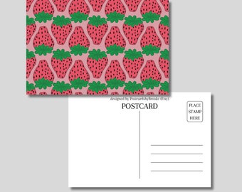 Strawberry Pattern Postcard, Summer Vibes, Fruit Illustration, Cute Strawberries, Fresh Strawberries