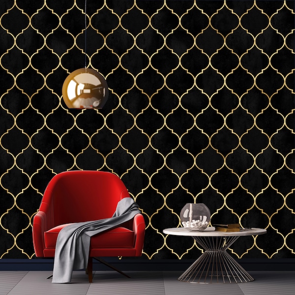 Modern Black and Gold Geometrical, Removable wallpaper, Peel and Stick, Wall paper, Home Decor