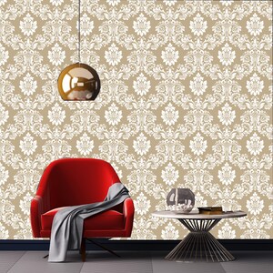 White & Beige Vintage Damask  Removable Wallpaper, Peel and Stick Wall paper, Home Decor