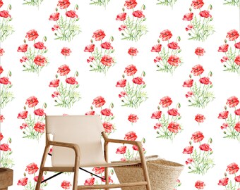 Red Poppies Peel and Stick Wallpaper: Floral Wall Art