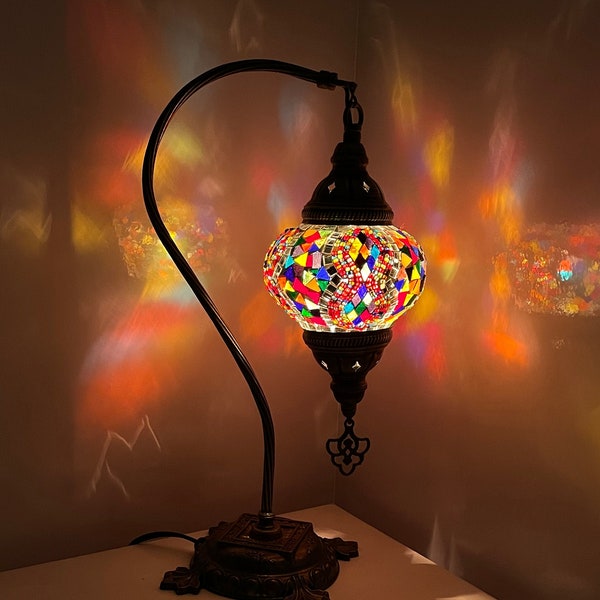 FREE Delivery Led Bulb Turkish Moroccan Mosaic Multi Colourful Glass Swan Neck Desk Table Lamp EU UK Certified