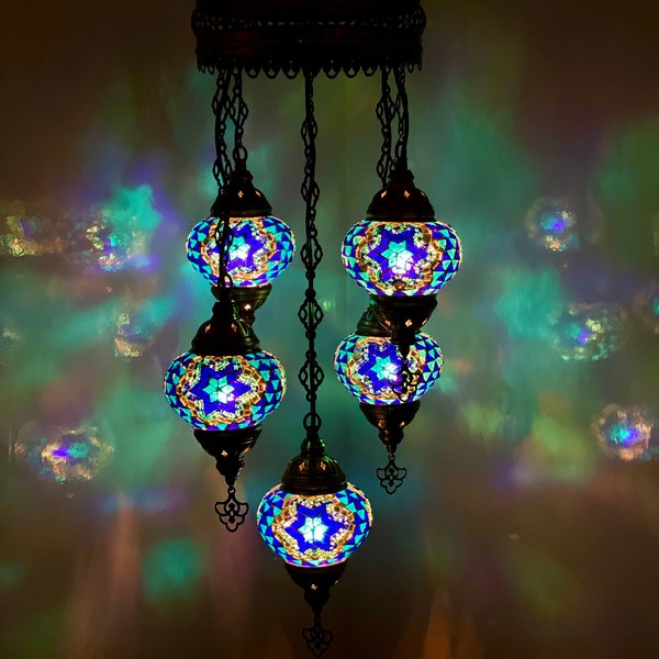 FREE Delivery 5 Blue Star Globes Colour Turkish Moroccan Mosaic Glass Hanging Chandeliers Ceiling Light Lamp EU UK Certified