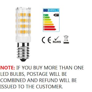May include: An LED light bulb with a silver base and a clear, rectangular top section containing multiple small, yellow lights. The image includes an energy efficiency label and the text "ENERGY".