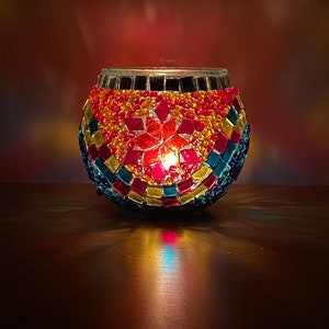 thumbnail image 2 of Blue Glass Mosaic Candle Holder & Tray Set - Crackle Glass Candle Shade Accessory 2 of 13