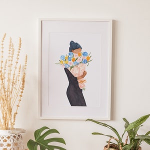 Ragazza con mazzo di fiori, stampa artistica, poster "Plant Lady", fiori acquerellati, arte floreale boho, arte murale botanica, stampa per amanti delle piante, floreale