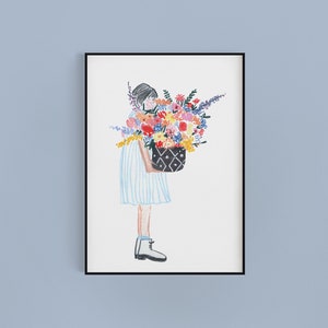 Ragazza con mazzo di fiori, stampa artistica, poster "Plant Lady", fiori acquerellati, arte floreale boho, arte murale botanica, stampa per amanti delle piante, floreale