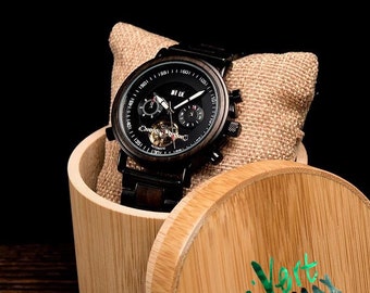 Engraved Wooden Watch | Mechanical Watch| Automatic Wood Wristwatch| Personalized Watch for Men| Steampunk Watch| Anniversary Gift for him